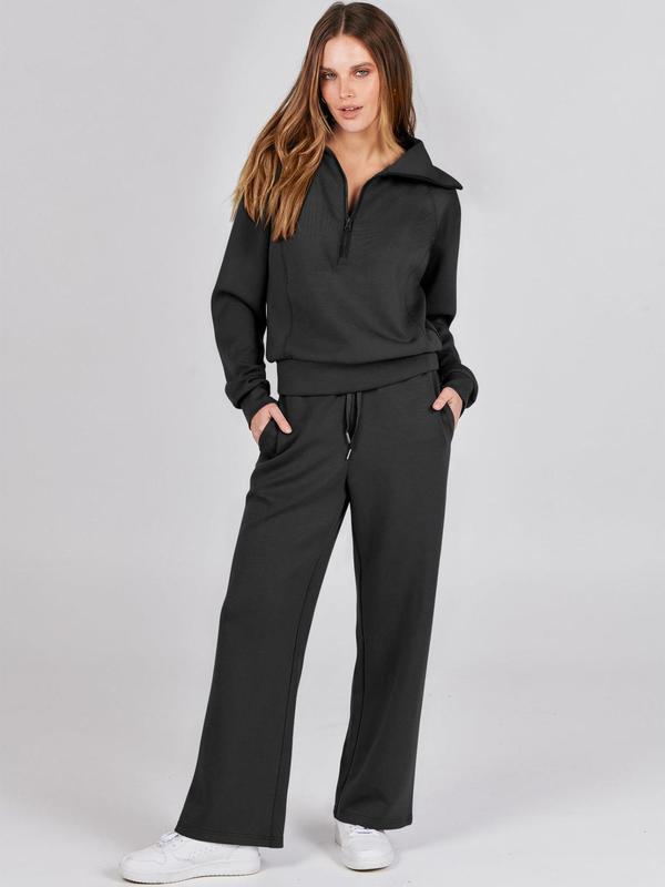 Two-piece Set Women's Solid Drop Shoulder Half Zip Up Sweatshirt & Wide Leg Pants, Casual Long Sleeve Collared Top & Pocket Trousers for Fall & Winter, Pants Suit Sets for Women, Women's Clothes for Daily Wear