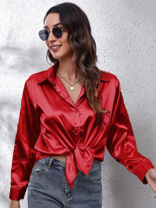 Women's Solid Button Front Satin Shirt, Elegant Long Sleeve Collared Blouse Top for Spring & Fall, Ladies Clothes for Daily Wear, Fall Outfits, Fallfreshness