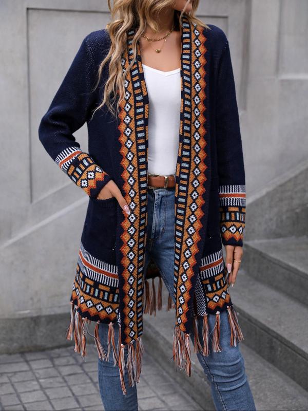 Women's Ethnic Pattern Fringe Trim Pocket Open Front Cardigan, Fall Outfits, Earthtone Fallfreshness, Boho Long Sleeve Outerwear For Fall, Back To School Women's Knitwear Top For Daily Wear