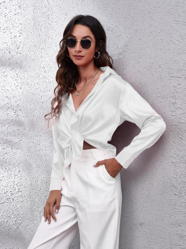 Women's Solid Button Front Satin Shirt, Elegant Long Sleeve Collared Blouse Top for Spring & Fall, Ladies Clothes for Daily Wear, Fall Outfits, Fallfreshness