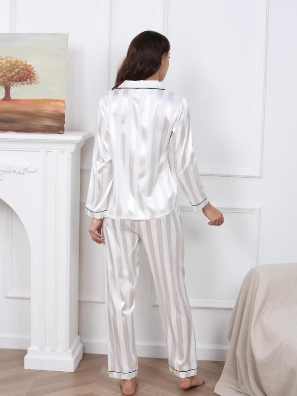 Two-piece Set Women's Satin Pyjama Set, Contrast Binding Button Front Shirts & Elastic Waist Pants, Women's Sleepwear for Spring & Fall, Pj Sets for Women, Women's 2 Piece Sets, Fall Wear 2024