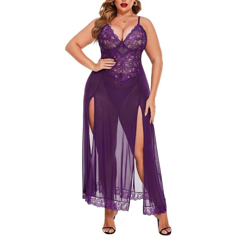 Plus Size Lingerie For Women Babydoll Sexy Mesh Maxi Nightdress Strappy Exotic Sleepwear Side Slits