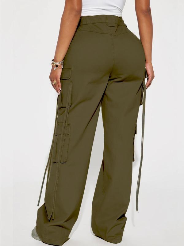 Plus Size Plain Ribbon Decor Pocket Cargo Pants, Pants for Women, Casual High Waist Straight Leg Trousers, Women's Bottoms for All Seasons