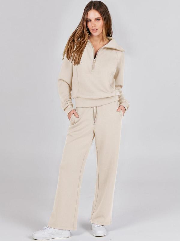 Two-piece Set Women's Solid Drop Shoulder Half Zip Up Sweatshirt & Wide Leg Pants, Casual Long Sleeve Collared Top & Pocket Trousers for Fall & Winter, Pants Suit Sets for Women, Women's Clothes for Daily Wear