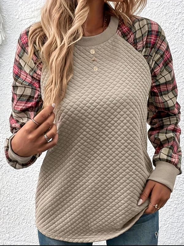 Women's Plaid Patchwork Print Fake Buttons Raglan Sleeve Sweatshirt, Casual Long Sleeve Round Neck Pullover, Women's Fall & Winter Clothes