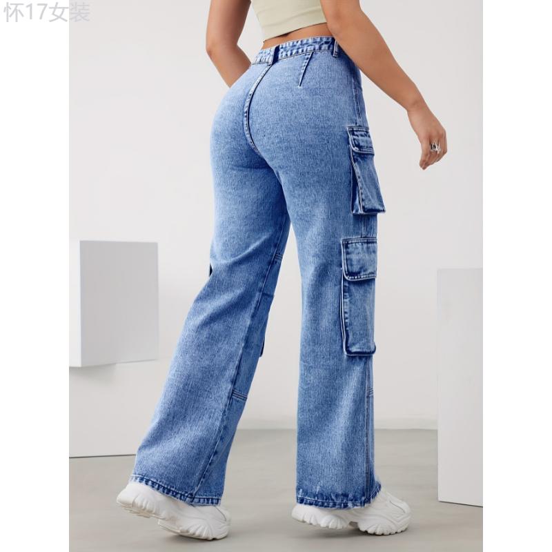 Womens High Waist Loose Fit Denim Cargo Pants - Stylish & Comfortable with Practical Multi-Pockets for Everyday Fashion Cotton Jean