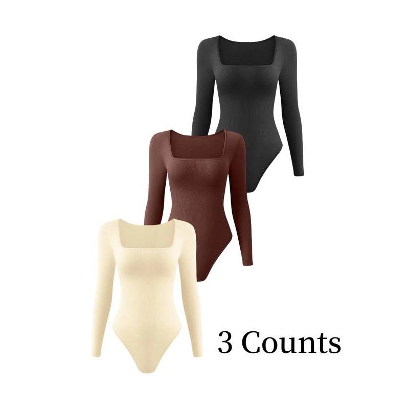 Women's Solid Square Neck Long Sleeve Shapewear Bodysuit, Casual Comfy Tummy Control Shaper for Daily Wear, Ladies Shapewear for All Seasons yoga  outfits