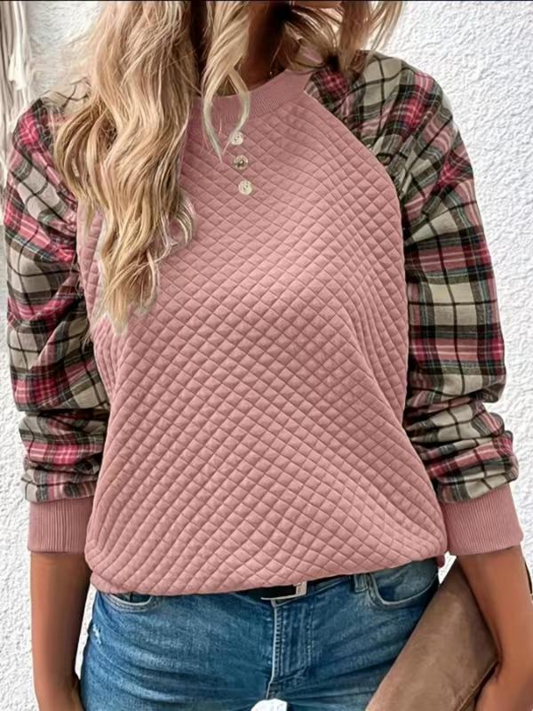 Women's Plaid Patchwork Print Fake Buttons Raglan Sleeve Sweatshirt, Casual Long Sleeve Round Neck Pullover, Women's Fall & Winter Clothes