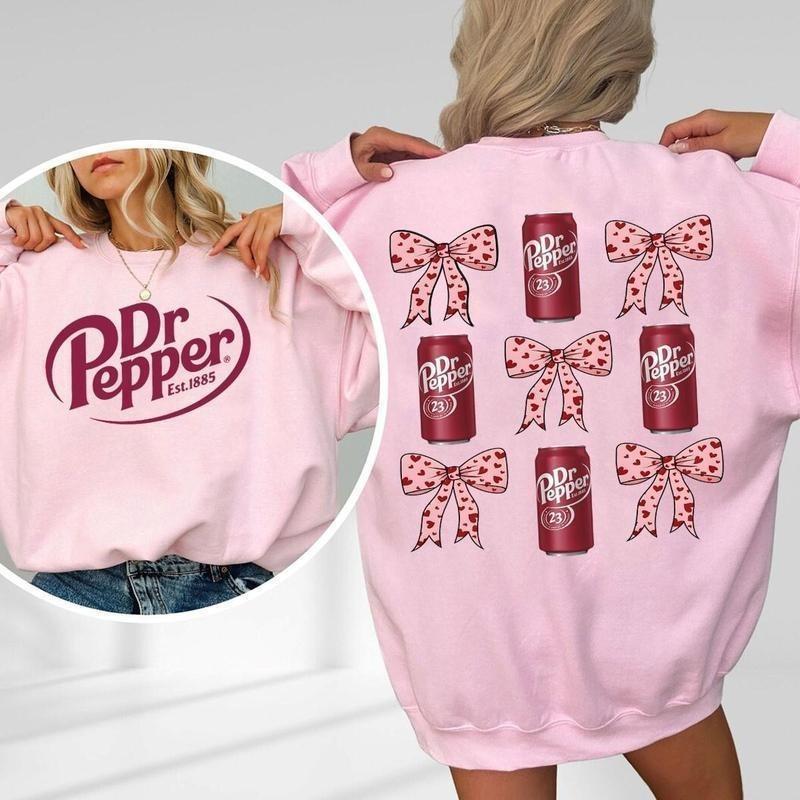 Dr Pepper pink coquette bow 2 Sides Sweatshirt, Dr Pepper Lover Tshirt, Sweater, Full Sizes, Full Color, Unisex Shirt for Men & Women, Cotton, Round Neck Tee, Womenswear