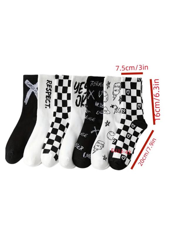 Women's Checkerboard & Letter Print Crew Socks, Casual Moisture Wicking Socks, Soft Comfy Breathable Socks for All Seasons Daily Wear