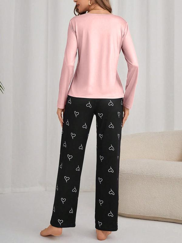 Two-Piece Set Women's Heart Print Long Sleeve Tee & Elastic Waist Pants Pyjama, Casual Comfy Round Neck Top & Bow Trousers PJ Set, Ladies Sleepwear for Spring & Fall