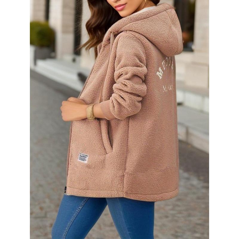 2024 Fleece-lined Thick Mid-Length Cashmere Hoodie Women's Clothing Autumn and Winter Embroidery Letter Zipper Coat