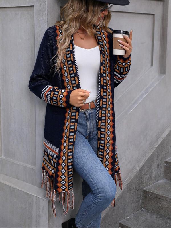 Women's Ethnic Pattern Fringe Trim Pocket Open Front Cardigan, Fall Outfits, Earthtone Fallfreshness, Boho Long Sleeve Outerwear For Fall, Back To School Women's Knitwear Top For Daily Wear