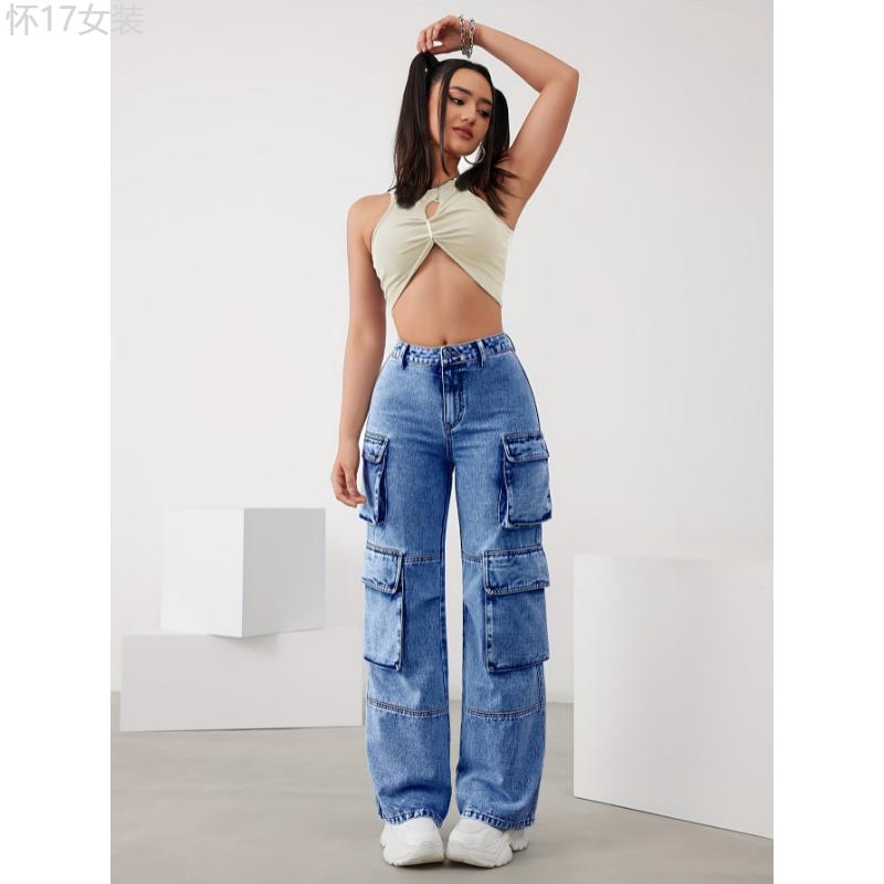 Womens High Waist Loose Fit Denim Cargo Pants - Stylish & Comfortable with Practical Multi-Pockets for Everyday Fashion Cotton Jean