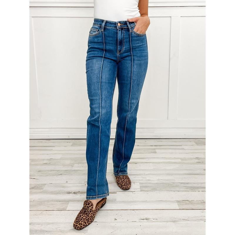 Judy Blue BETTER THAN REVENGE Hi-Rise Seam Detail and Cuffed Straight Jeans