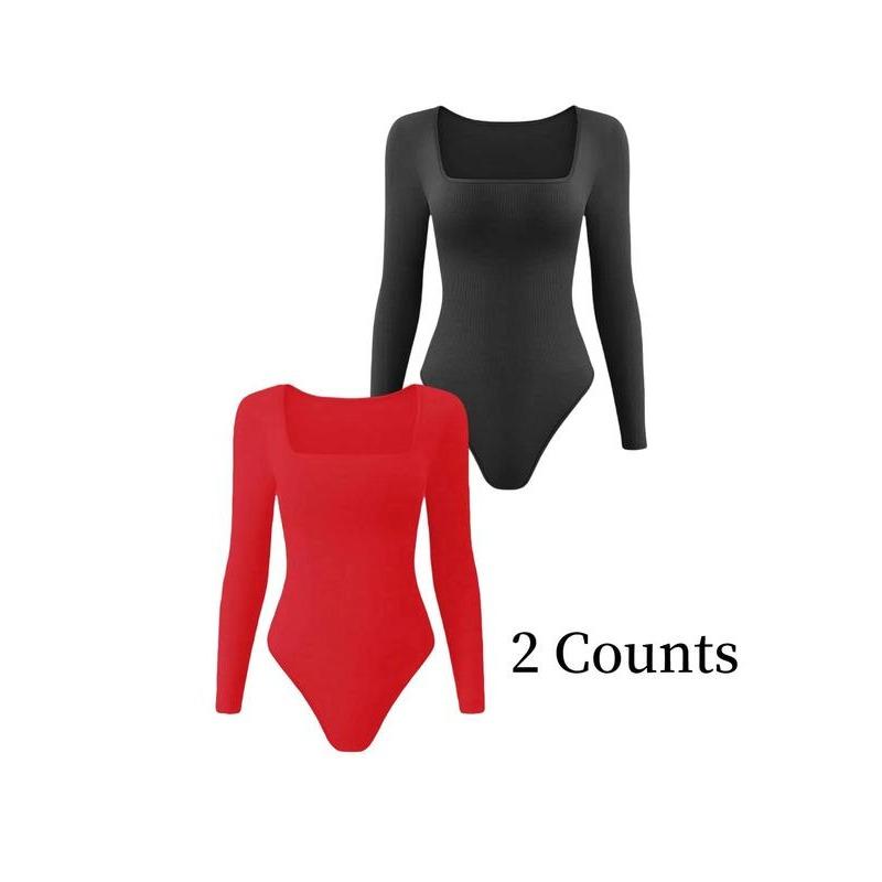 Women's Solid Square Neck Long Sleeve Shapewear Bodysuit, Casual Comfy Tummy Control Shaper for Daily Wear, Ladies Shapewear for All Seasons yoga  outfits