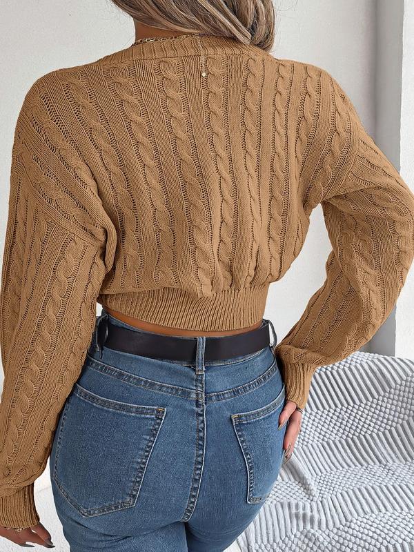 Women's Textured Twist V Neck Crop Sweater without Necklace, Solid Bishop Sleeve Jumper for Spring & Fall, Women's Knitwear for Casual Daily Wear,  Fall Clothing