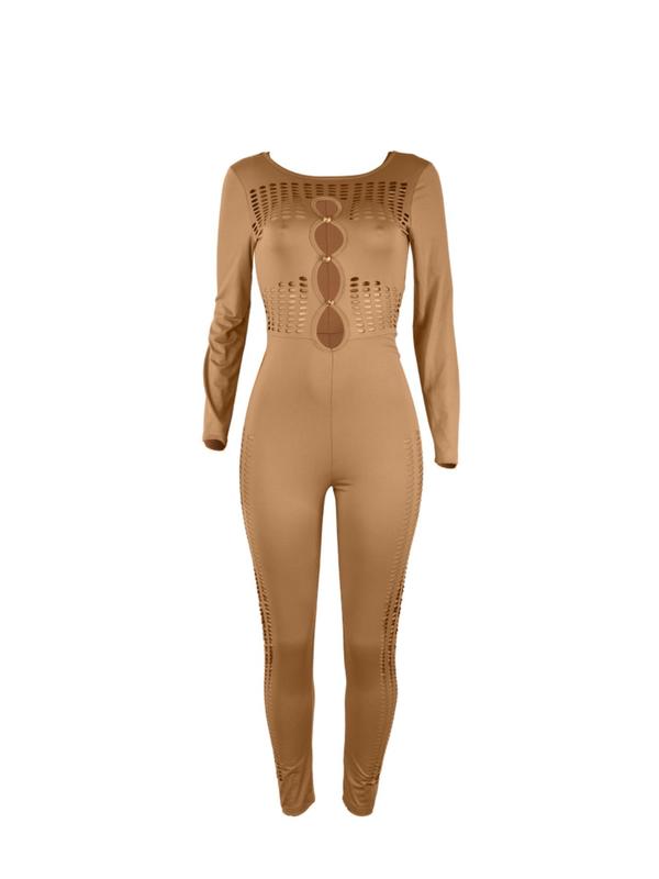 Women's Rhinestone Decor Hollow out Sheer Skinny Jumpsuit, Sexy Fashion Long Sleeve Round Neck Jumpsuit for Party Club Dating, Ladies Spring & Fall Clothes