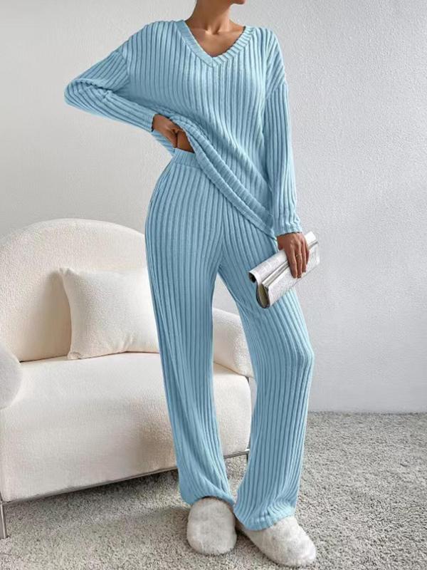 Women's Solid Drop Shoulder Ribbed Lounge Set, Casual Comfy Long Sleeve V Neck Top & Elastic Waist Pocket Pants Pajama Set, Women's Sleepwear for Fall & Winter