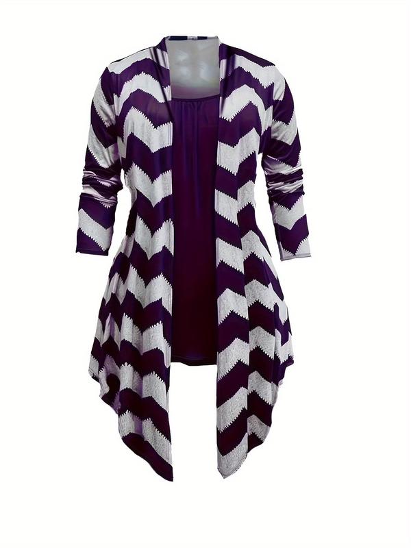  Three-Piece Set Chevron Print Open Front Coat & Plain Camisole & Pants, Casual Long Sleeve Outerwear & Sleeveless Top & Trousers for Daily Wear, Women's Three-Piece Outfits for Spring & Fall