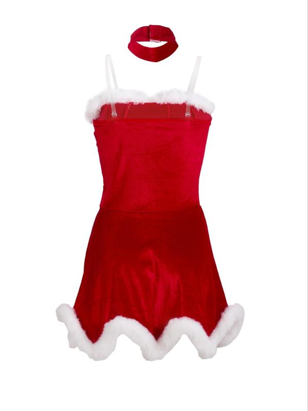 Women's Sexy Christmas Costume Set, Appliques Lace Up Fuzzy Trim Velvet Cami Nightdress & Small Bell Decor Choker, Women's Lingerie Nightwear Set