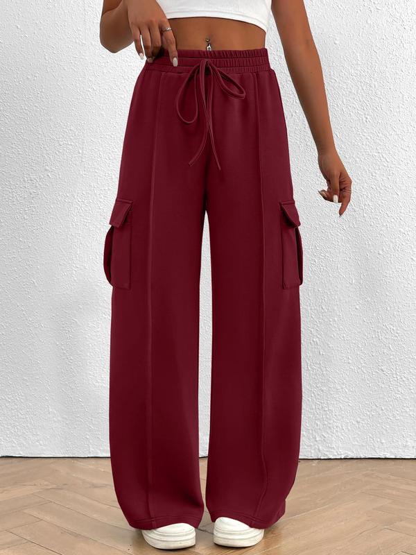 Women's Solid Drawstring Waist Wide Leg Pants, Casual Pocket Trousers for Fall & Winter, Pants for Women, Women's Bottoms for Daily Wear