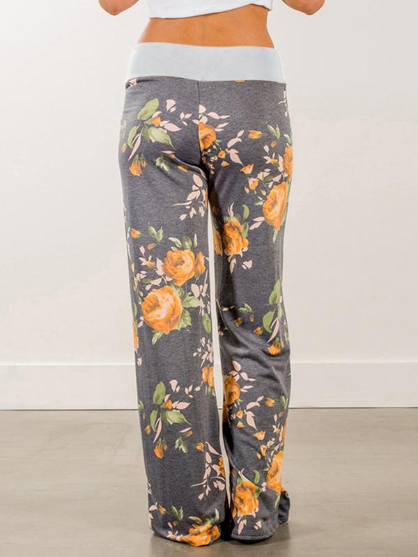 Women's Colorblock Floral Print Drawstring Waist Wide Leg Pants, Casual Comfy Trousers For Spring & Fall, Women's Bottoms For Daily Wear