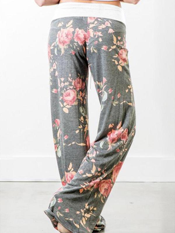 Women's Colorblock Floral Print Drawstring Waist Wide Leg Pants, Casual Comfy Trousers For Spring & Fall, Women's Bottoms For Daily Wear