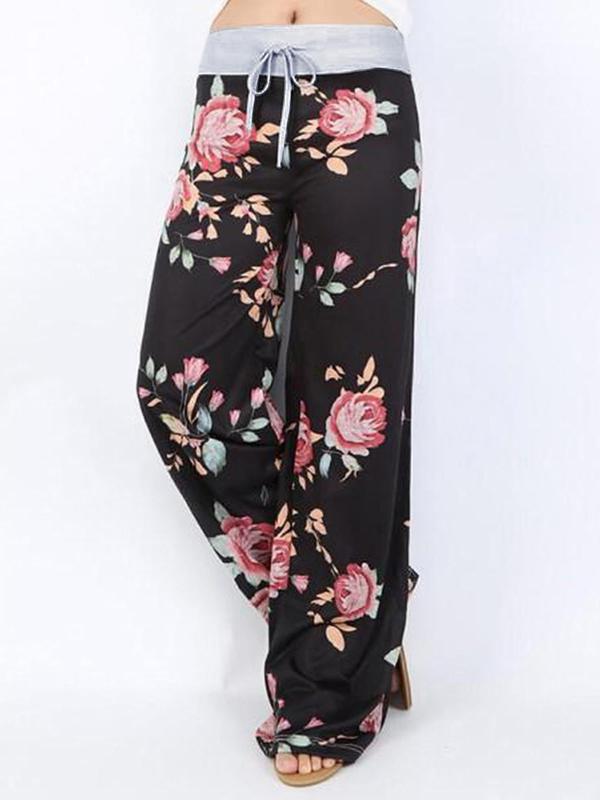 Women's Colorblock Floral Print Drawstring Waist Wide Leg Pants, Casual Comfy Trousers For Spring & Fall, Women's Bottoms For Daily Wear