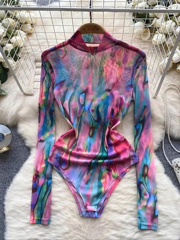 Women's Tie Dye Print Mock Neck Bodysuit, Casual Long Sleeve Bodysuit for Daily Wear, Ladies Clothes for All Seasons