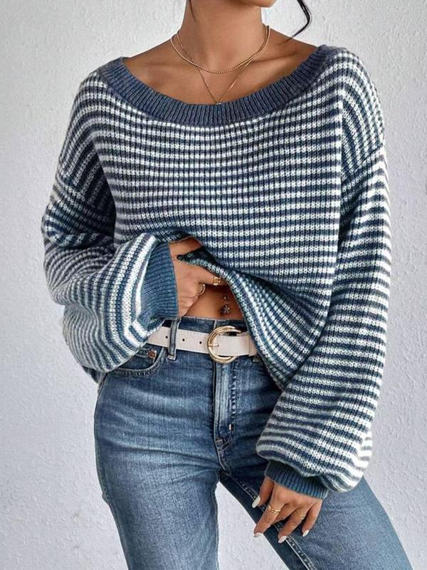 Women's Striped Print Drop Shoulder Sweater, Casual Long Sleeve Scoop Neck Jumper for Fall & Winter, Fashion Ladies' Knitwear for Daily Wear