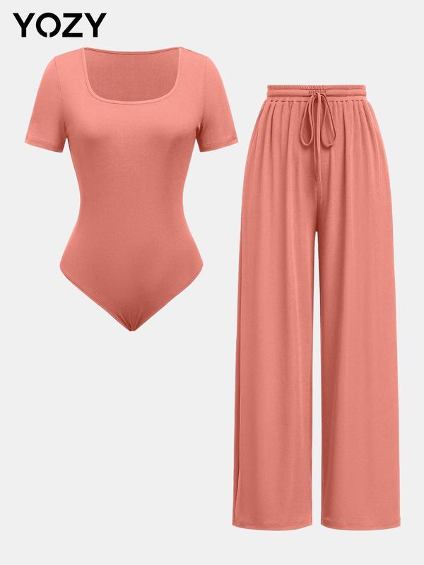 YOZY [11 colors, size 4-14] Square Neck Bodysuit & Pleated Drawstring Pants Set, Short Sleeve Bodysuit & Wide Leg Trousers Matching Set, 2024 Women's Summer & Fall Clothes For Daily & Work, [XS-XXL]