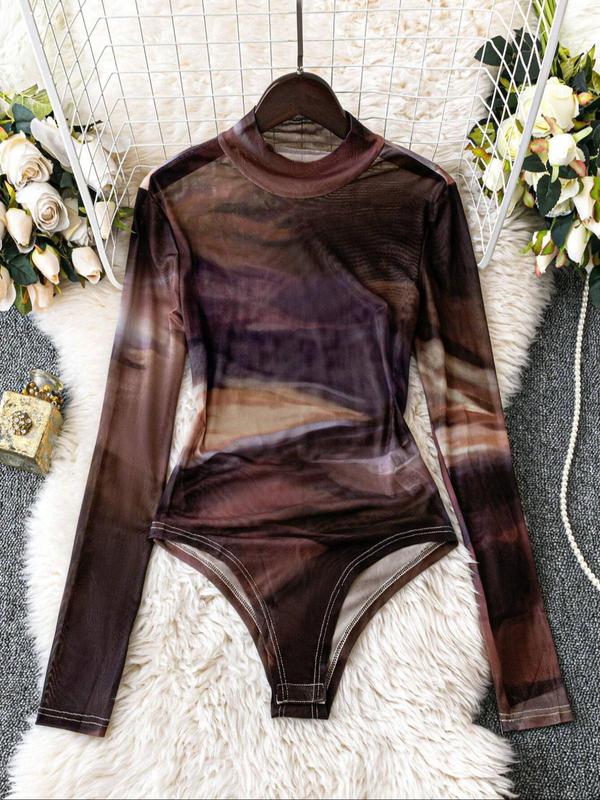 Women's Tie Dye Print Mock Neck Bodysuit, Casual Long Sleeve Bodysuit for Daily Wear, Ladies Clothes for All Seasons