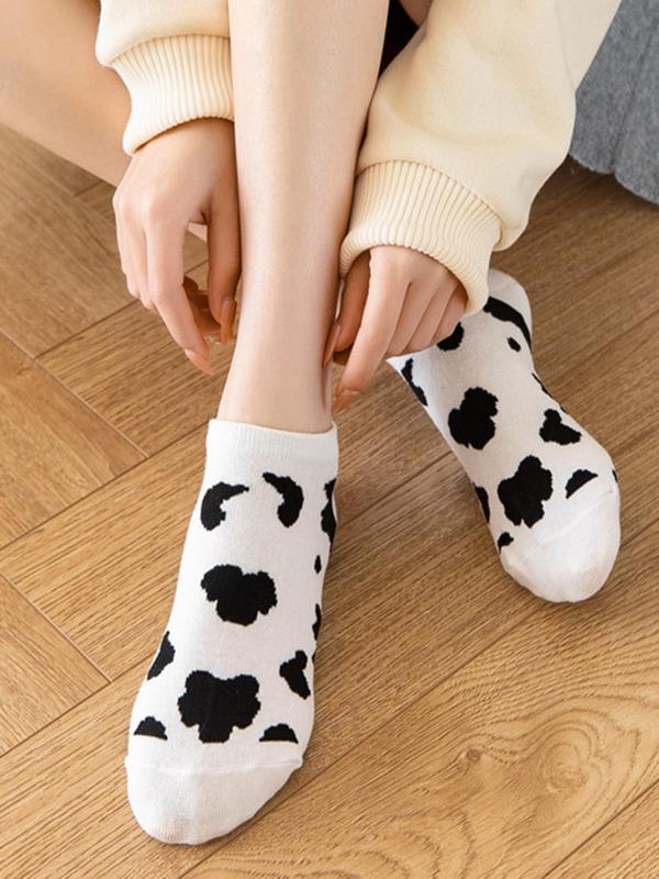 5 Pairs Cartoon Cow & Striped Print Ankle Socks, Summer 2024 Comfy Breathable Sports Tab Socks for Women, Multi-pack Knit Socks, Women's Socks & Hosiery