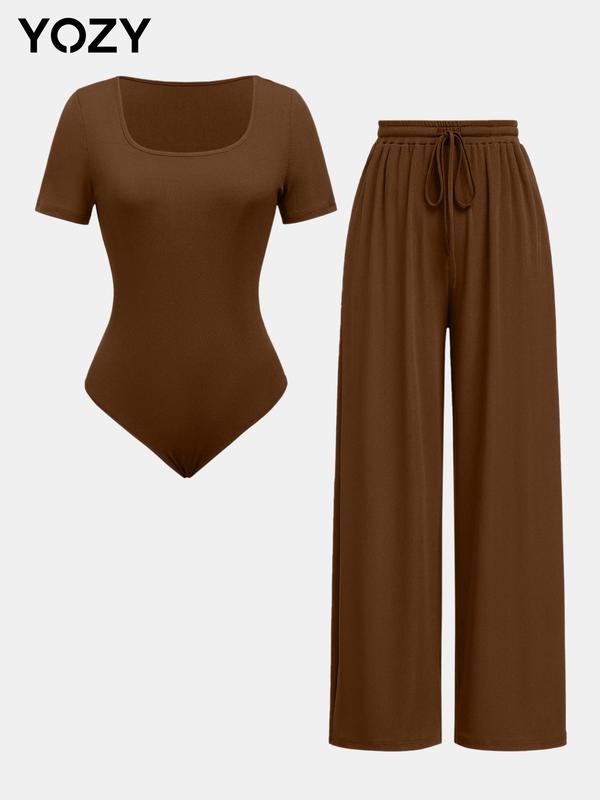 YOZY [11 colors, size 4-14] Square Neck Bodysuit & Pleated Drawstring Pants Set, Short Sleeve Bodysuit & Wide Leg Trousers Matching Set, 2024 Women's Summer & Fall Clothes For Daily & Work, [XS-XXL]