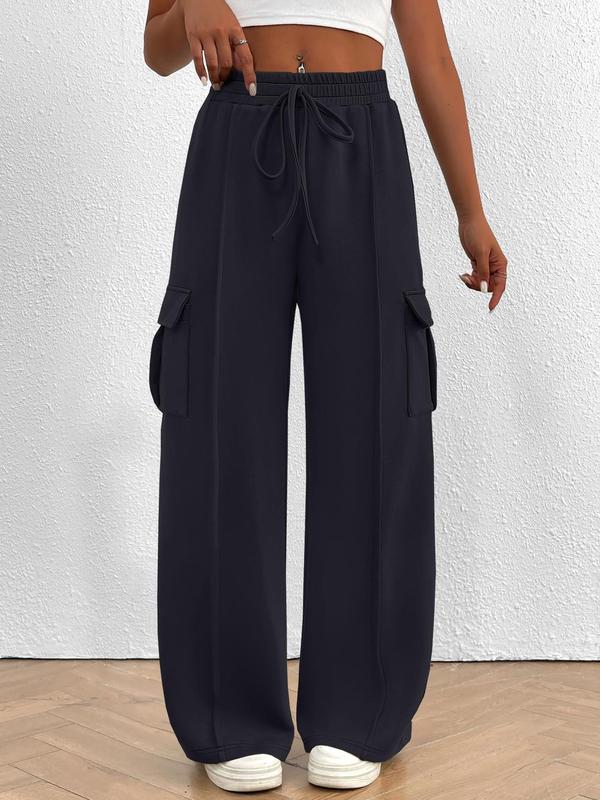 Women's Solid Drawstring Waist Wide Leg Pants, Casual Pocket Trousers for Fall & Winter, Pants for Women, Women's Bottoms for Daily Wear