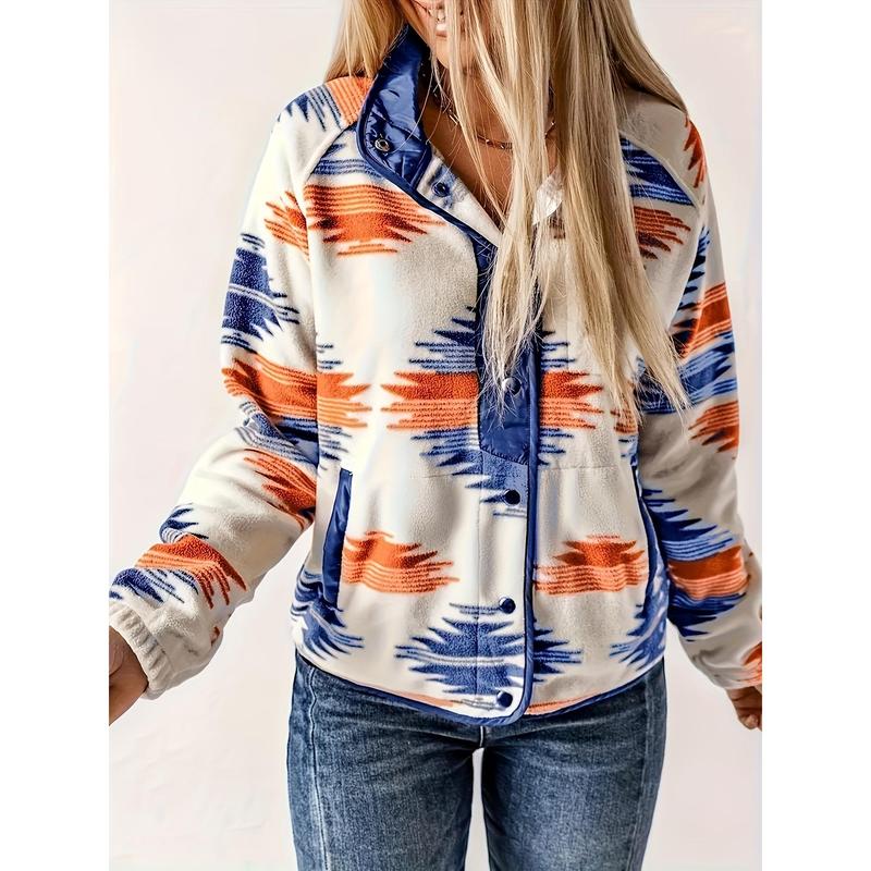 Stylish Aztec Print Fleece Jacket - Casual Long Sleeve Button Front Fall & Winter Essential for Women - Soft, Warm, and Cozy Clothing for Everyday Wear