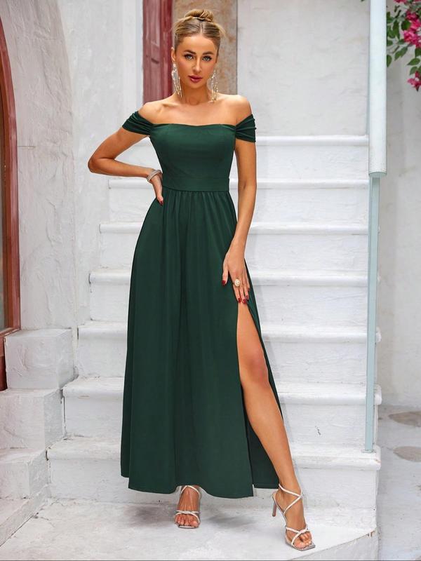 Women's Plain Off the Shoulder Mesh Dress, Elegant Ruched Split Thigh A Line Dress for Party Holiday Wedding Guest, Ladies Clothes for All Seasons