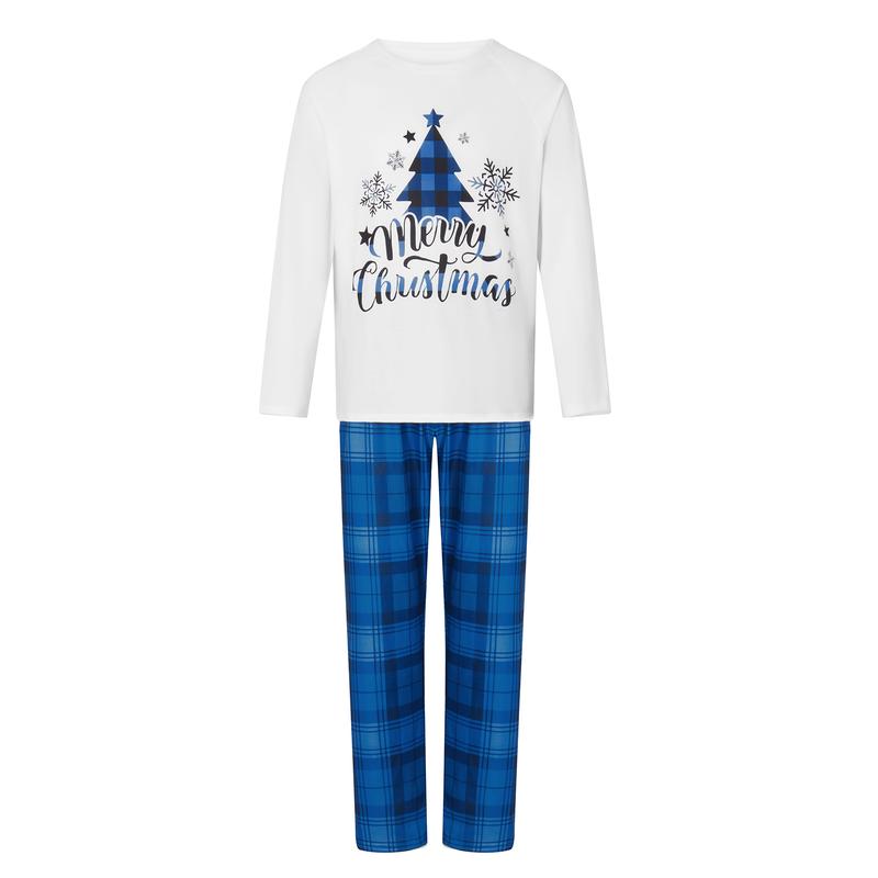 Family Matching Christmas Pajamas, Christmas Tree&Letter Print Long-Sleeved Tops + Plaid Trousers Sleepwear Outfits Pants Womenswear