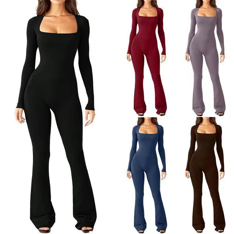 Long Sleeve Jumpsuits for Women Square Neck Wide Leg Full Length Romper Playsuit Flare Jumpsuits for Women