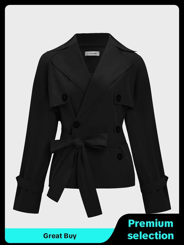 Women's Solid Lapel Neckline Double Breasted Trench Coat, Casual Long Sleeve Belted Outerwear for Fall & Winter, Ladies Clothes for Daily Wear