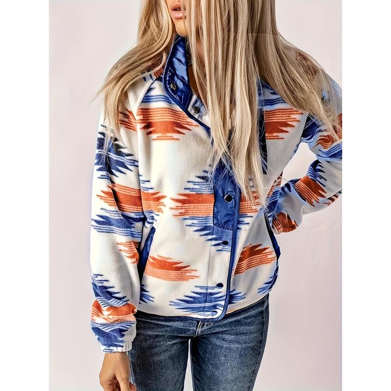 Stylish Aztec Print Fleece Jacket - Casual Long Sleeve Button Front Fall & Winter Essential for Women - Soft, Warm, and Cozy Clothing for Everyday Wear