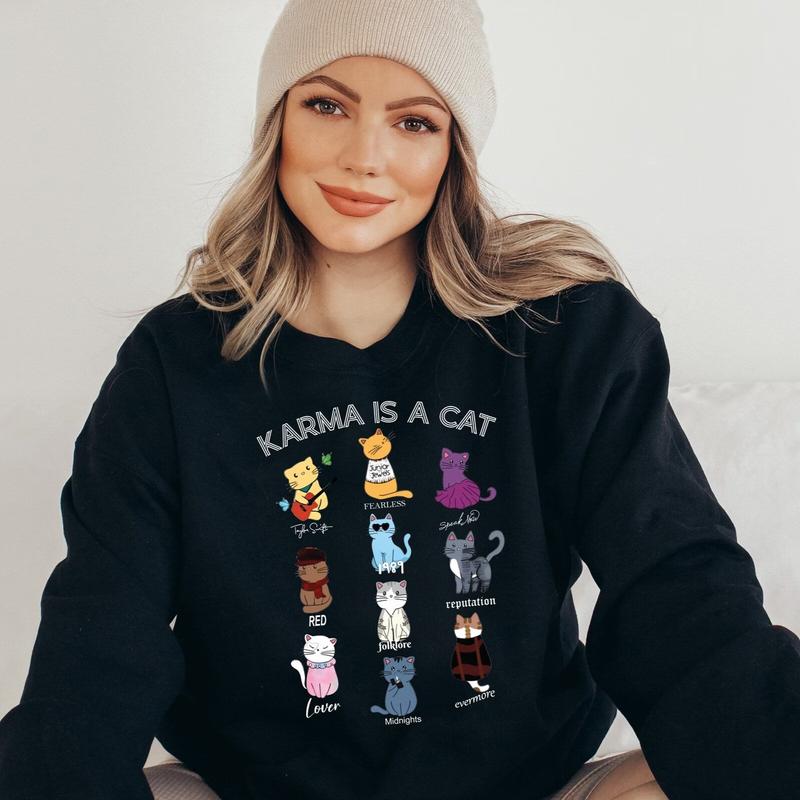 Karma Is A Cat Sweatshirt, Music Albums As Books Sweatshirt, Taylor Eras Cat Lover Sweatshirt