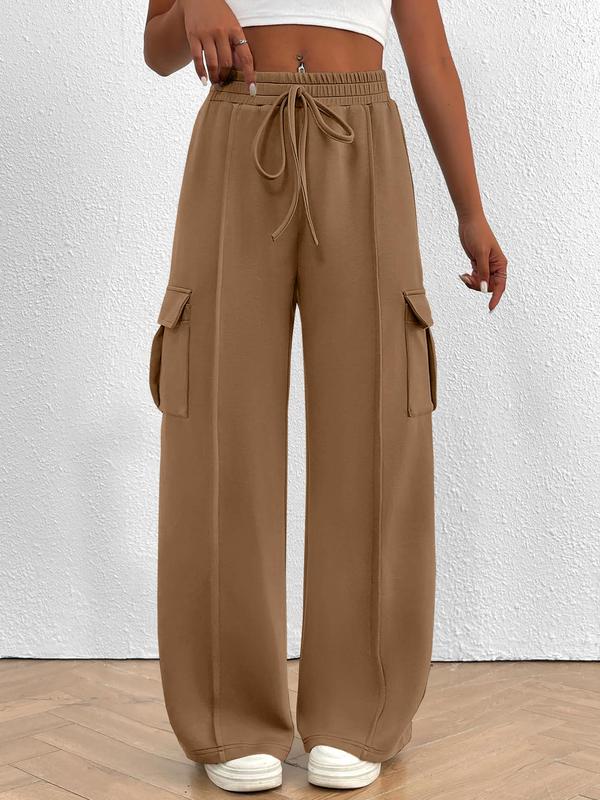 Women's Solid Drawstring Waist Wide Leg Pants, Casual Pocket Trousers for Fall & Winter, Pants for Women, Women's Bottoms for Daily Wear