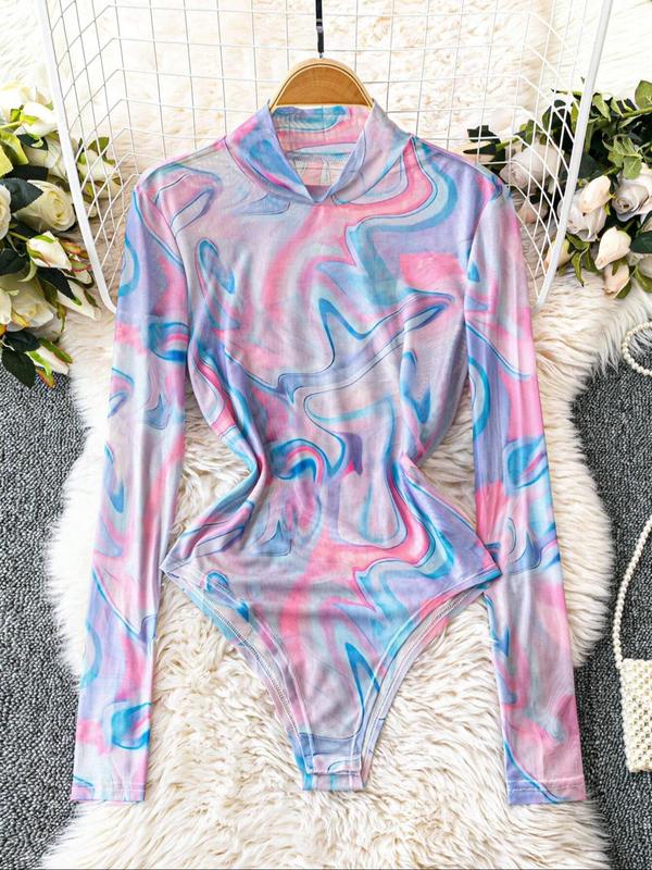 Women's Tie Dye Print Mock Neck Bodysuit, Casual Long Sleeve Bodysuit for Daily Wear, Ladies Clothes for All Seasons