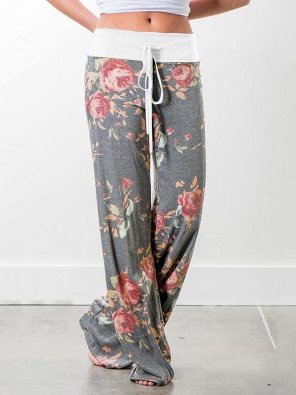 Women's Colorblock Floral Print Drawstring Waist Wide Leg Pants, Casual Comfy Trousers For Spring & Fall, Women's Bottoms For Daily Wear