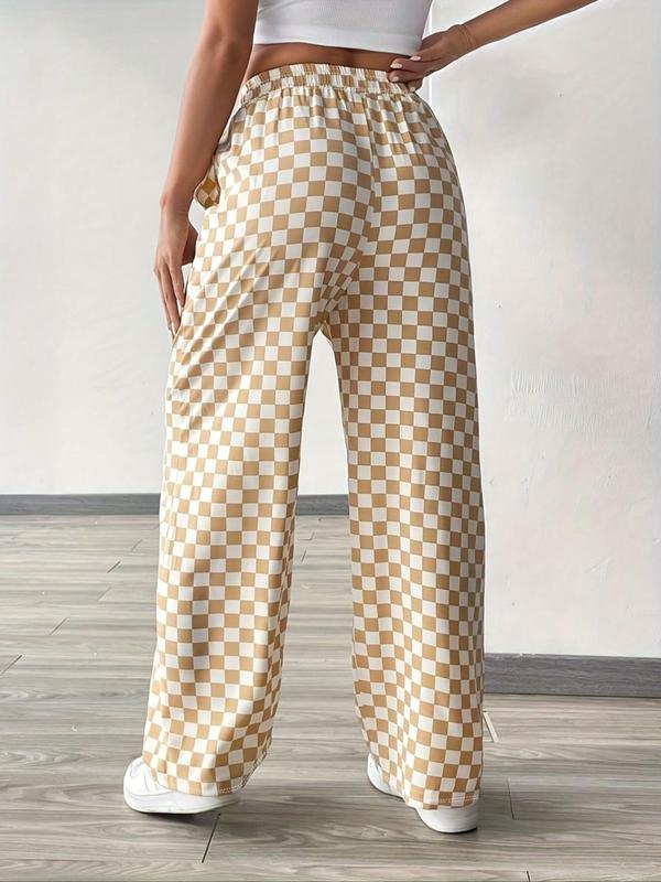 Women's Plaid Print Tie Front Elastic Waist Straight Leg Pants, Casual Comfy Pocket Trousers for Daily Wear, Ladies Bottoms for All Seasons