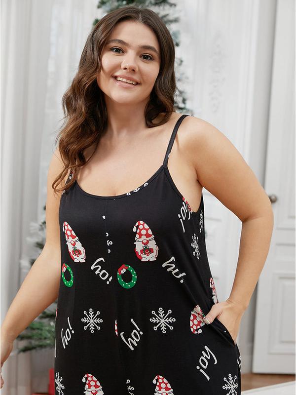 BloomChic Santa Claus Print Pocket Spaghetti Strap Jumpsuit