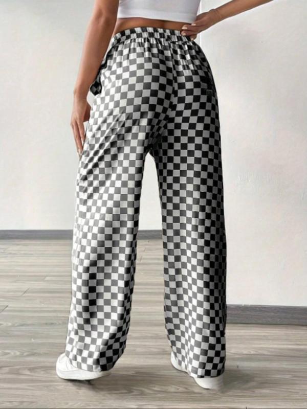 Women's Plaid Print Tie Front Elastic Waist Straight Leg Pants, Casual Comfy Pocket Trousers for Daily Wear, Ladies Bottoms for All Seasons