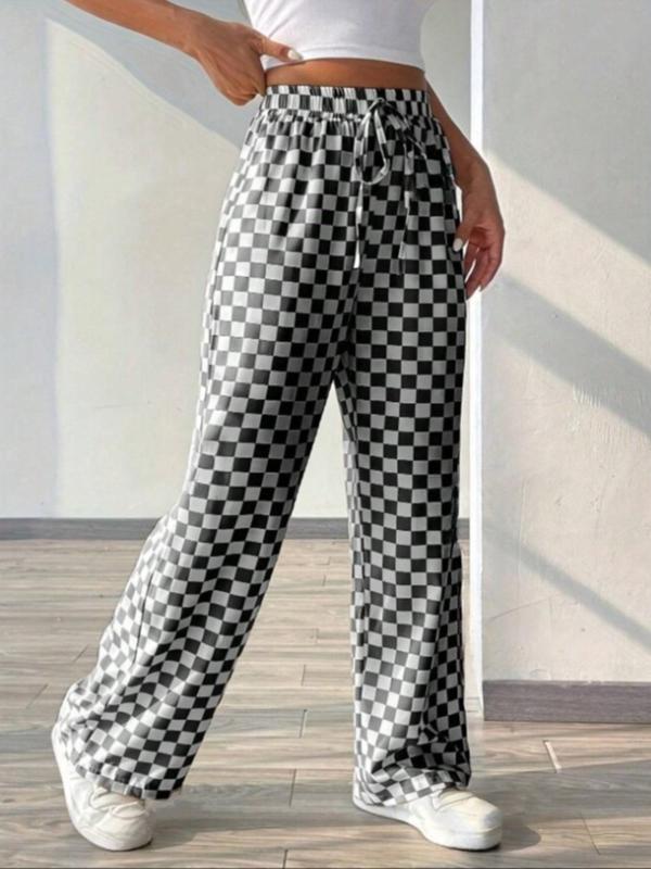 Women's Plaid Print Tie Front Elastic Waist Straight Leg Pants, Casual Comfy Pocket Trousers for Daily Wear, Ladies Bottoms for All Seasons